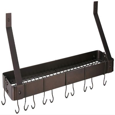 Wall-Mount Bookshelf Pot Rack with Grid & 12 Hooks