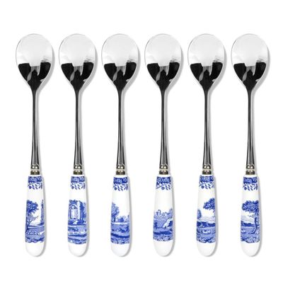 Spode Blue Italian Collection Teaspoons | Set of 6 | Made of Stainless Steel with Porcelain Handles | 6 Inch Dessert Spoons | Blue/White | Hand Wash Only