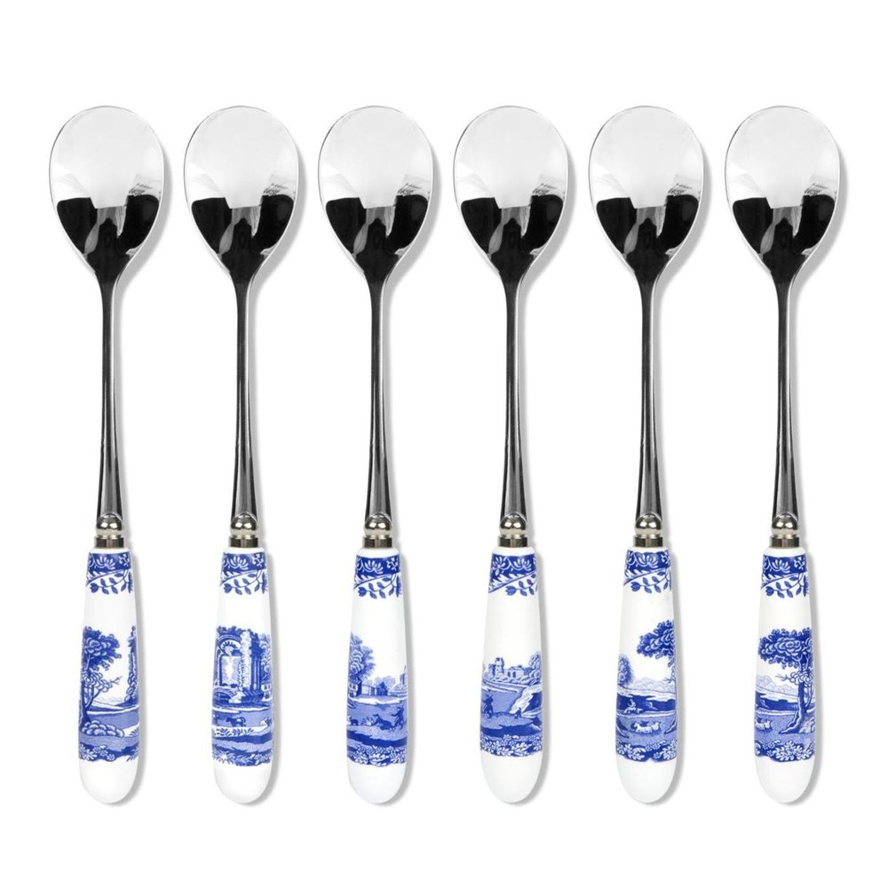 Spode Blue Italian Collection Teaspoons | Set of 6 | Made of Stainless Steel with Porcelain Handles | 6 Inch Dessert Spoons | Blue/White | Hand Wash Only