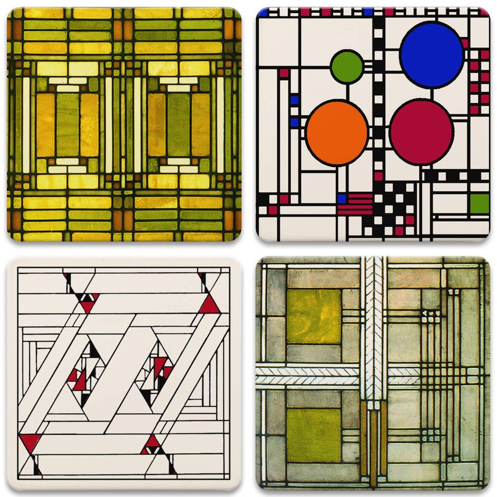 CoasterStone AS305 Absorbent Stone Coasters, Frank Lloyd Wright, "Art Glass Designs", Multi-Colored