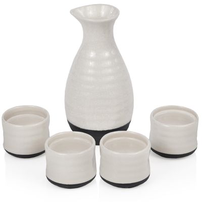 True Fervor Ceramic Sake Set Includes Four 3.5 oz Small Cups & One 8 oz Carafe for Gin, Japanese Tea, Herbal Teas, Drinkware, Home Bar, 5-Piece, White