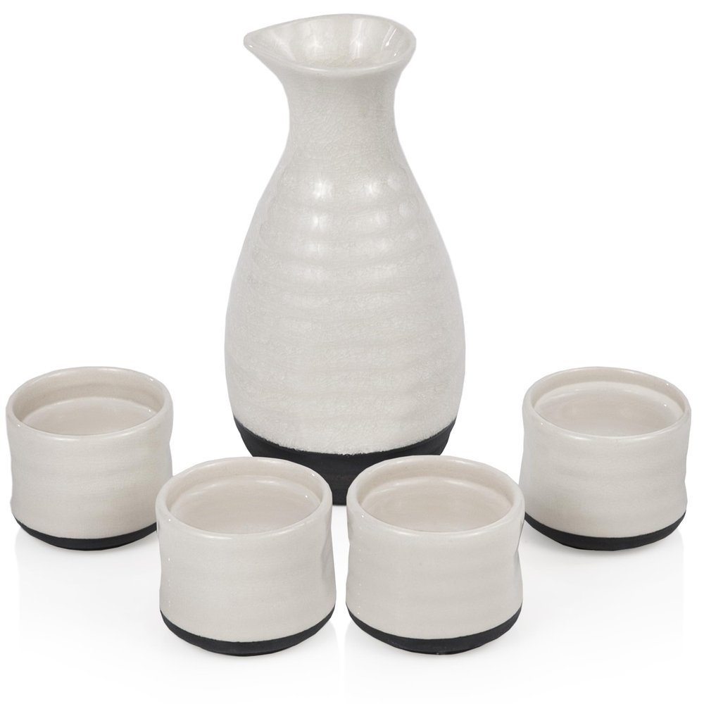 True Fervor Ceramic Sake Set Includes Four 3.5 oz Small Cups & One 8 oz Carafe for Gin, Japanese Tea, Herbal Teas, Drinkware, Home Bar, 5-Piece, White