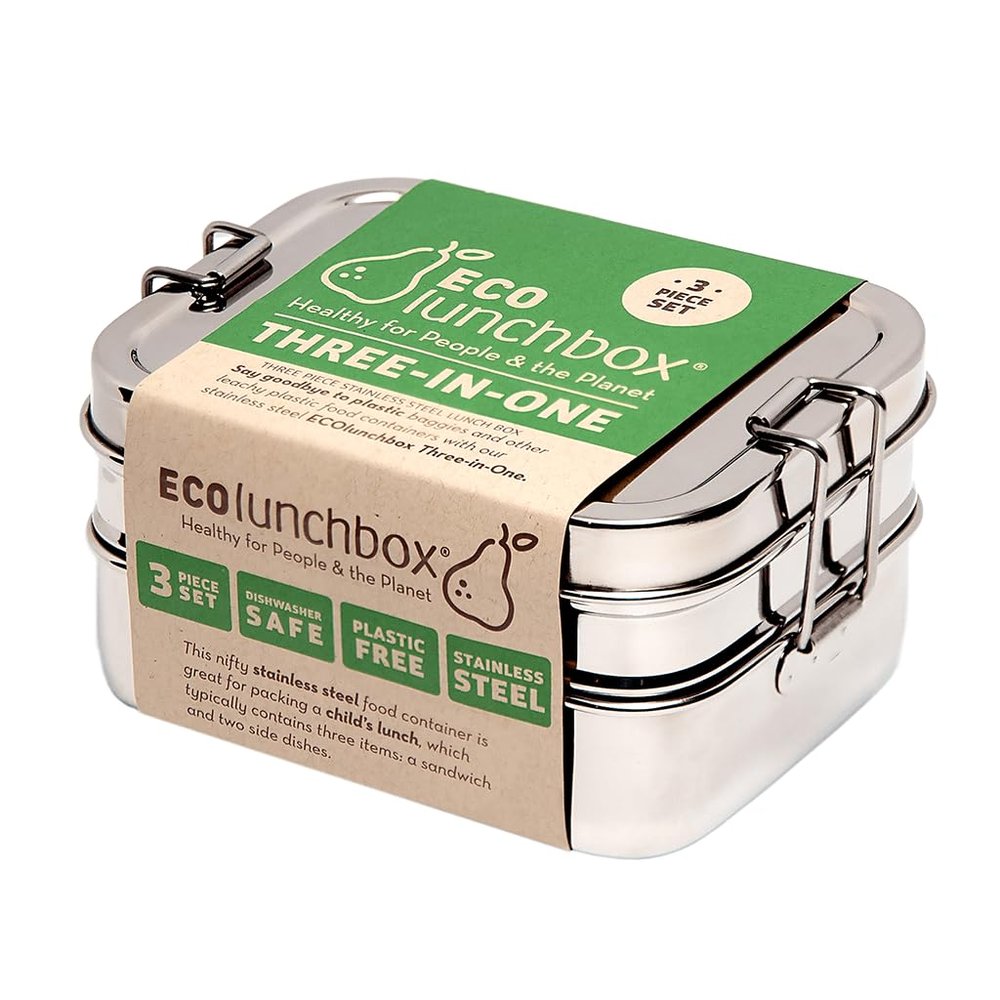ECOlunchbox Three-in-One Stainless Steel Bento Box (31oz)  3 Piece Nesting Lunch Container with Snack Pod  Plastic Free, Non Toxic, Dishwasher Safe, Not Leak-Proof