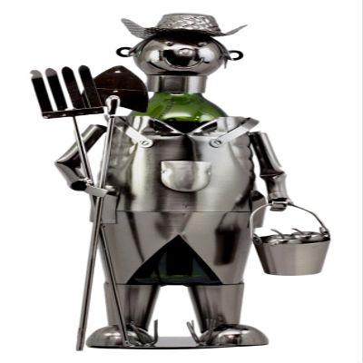 Atlantic Collectibles Old McDonald Rural Farmer Metal Wine Bottle Holder 16"H Hand Made Caddy Hardworking Farmer With Pitchfork and Shovel