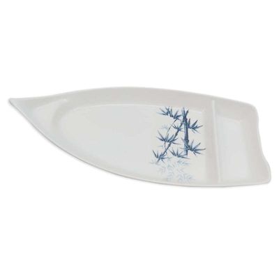 JapanBargain 2324, Sushi Boat Shape Plate Sushi Sashimi Serving Plate Plastic Tray 10 x 4.5 inch, White Bamboo