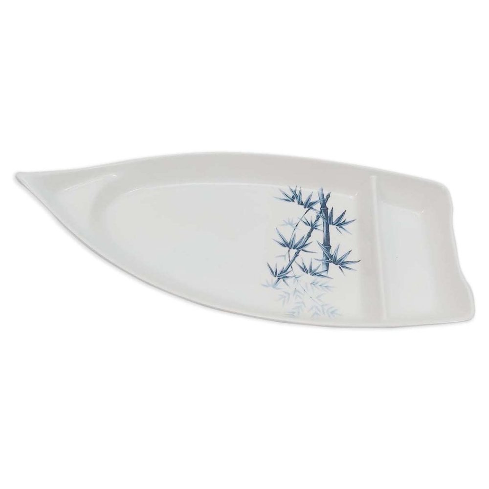 JapanBargain 2324, Sushi Boat Shape Plate Sushi Sashimi Serving Plate Plastic Tray 10 x 4.5 inch, White Bamboo
