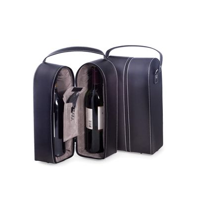 Bey-Berk Black Leather Wine Bottle Carrier, Two-Bottle Travel Case with Handle, Zipper Closure and Built-In Corkscrew Tool Set