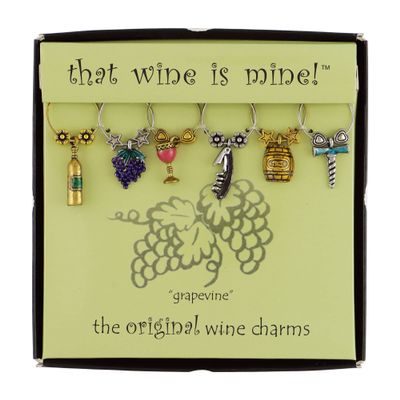 Wine Things Grapevine Wine Charms, Zinc Alloy Wine Glass Tags for Stem Glasses, Drink Markers Identifiers for Parties, Tastings, and Entertaining, Multicolor, Set of 6