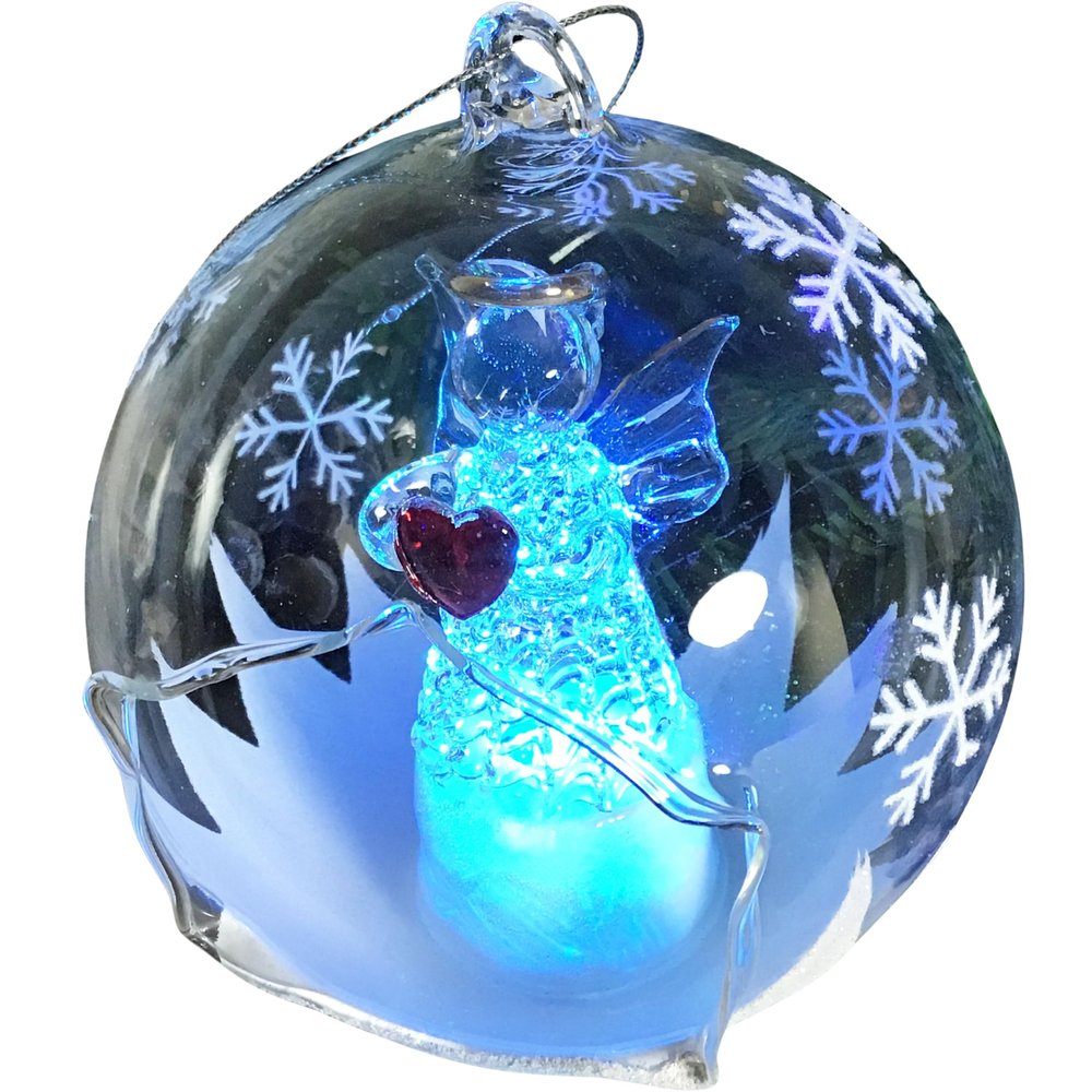 Angel with Red Heart Lighted Christmas Ball Ornaments - Hand Painted Glittery Snowflakes - Color Changing - 4 Hour Timer - 4" Diameter
