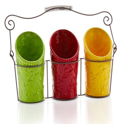 ienjoyware Kitchen Utensil Holder Set (4 Pieces) - 3 Ceramic Crocks & 1 Portable Wire Caddy - Multi-Color