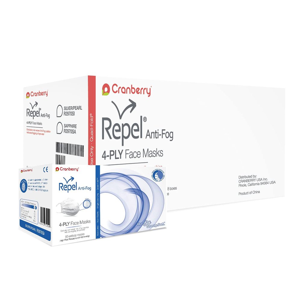 Cranberry USA R2970SIcase Repel 4-Ply Ear Loop Face Mask, Anti-Fog, ASTM Level 3, Silver (Pack of 400)