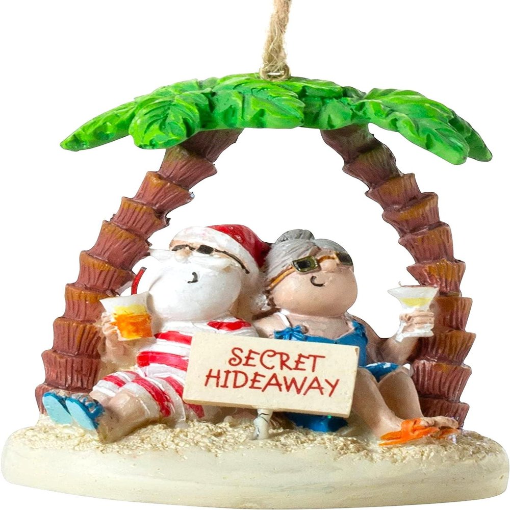 Cape Shore Santa and Mrs. Claus Island Secret Hideaway Palm Ornament