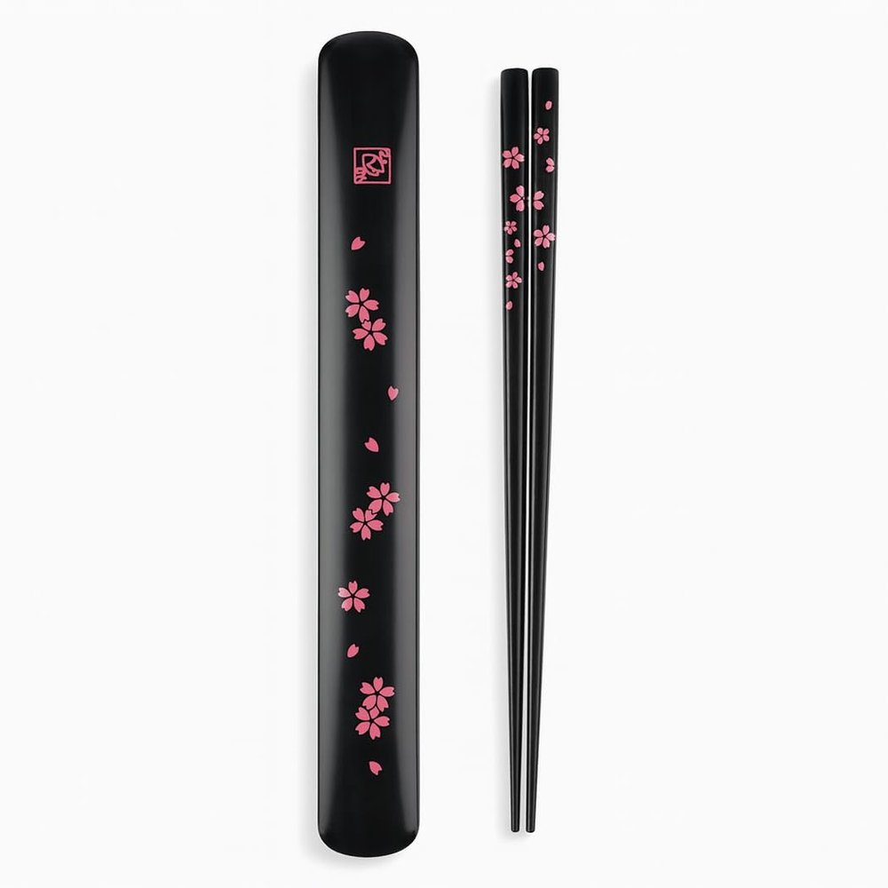 Portable Bamboo Chopsticks with Case  Reusable Travel Chopsticks Utensil Set, Dishwasher Safe, Sakura Pattern, Made in Japan