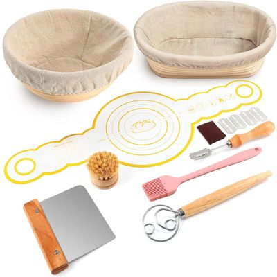 DOYOLLA Bread Proofing Baskets Set of 2, 10 inch Oval & 8.5 inch Round Dough Proofing Bowls w/Liners Perfect for Sourdough Bread Baking, Bakers Baking, Gifts for Bakers, Bread Making Kit