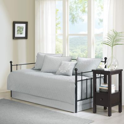 Madison Park Cotton Daybed Cover Set-Double Sided Quilting Classic Cottage Design All Season Bedding with Bedskirt, Matching Shams, Decorative Pillow, 39"x75", Quebec Grey 6 Piece