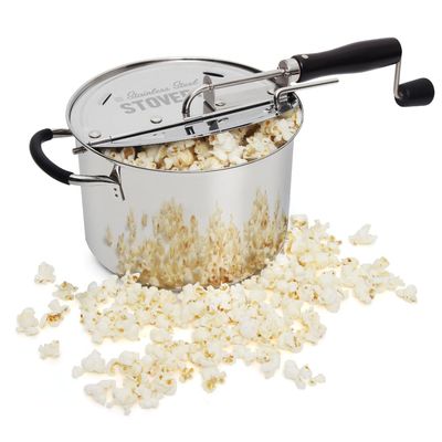 StovePop Stainless Steel Popcorn Popper - Gearless Hand Crank, Magnetic Lid, 6 Qt - Induction Range Compatible
