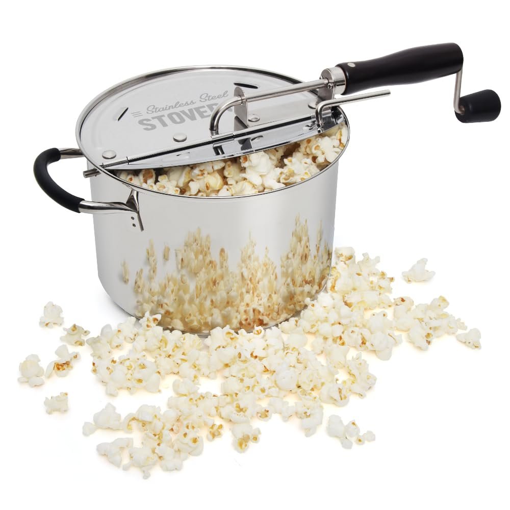 StovePop Stainless Steel Popcorn Popper - Gearless Hand Crank, Magnetic Lid, 6 Qt - Induction Range Compatible