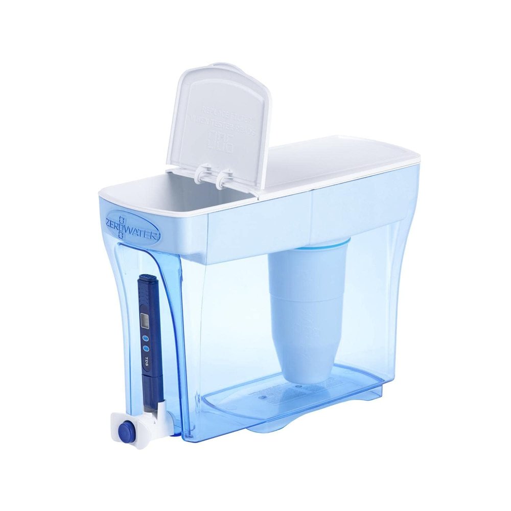ZeroWater 30 Cup Ready-Pour 5-stage Water Filter Dispenser, NSF Certified To Reduce Lead, Other Heavy Metals And PFOA/PFOS, White And Blue