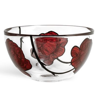 Kosta Boda 8.8" Tattoo Serving Bowl, Hand-Painted Glass - Rose Tattoo Inspired, Wide & Shallow Bowls, For Salad, Popcorn, Chip and Dip, Fruit, Red/Clear