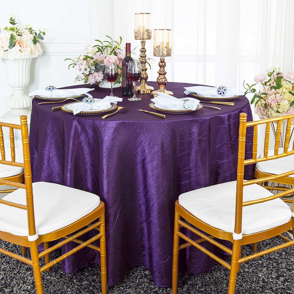 Wedding Linens Inc. 90 inch Round Crinkle Crushed Taffeta Tablecloths, Round Table Cover Linens for Round Banquet Tables - Eggplant/Dark Purple