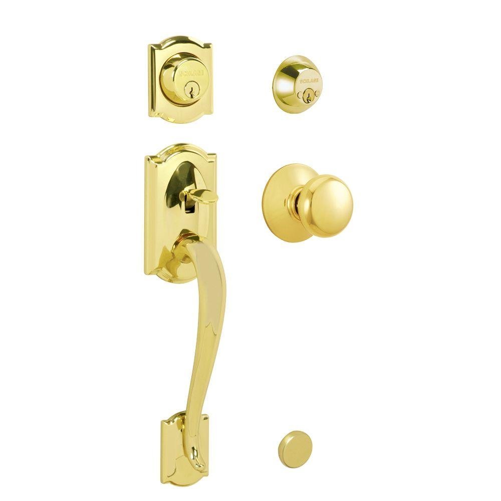 Camelot Handleset with Plymouth Interior Knob in Bright Brass
