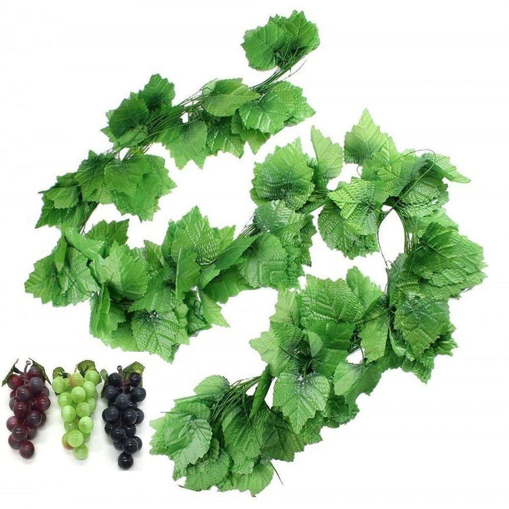 Hecaty 12 Strands 90 ft Artificial Fake Grape Vines with 3 Strings Grapes, Hanging Plant Large Leaves Garland for Wedding Party Store Home Indoor Outdoor Garden Spring Decor