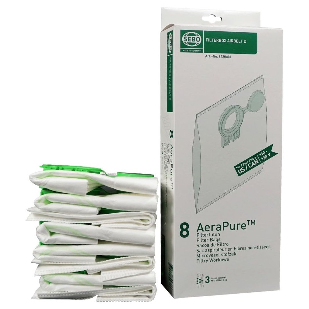 Sebo Airbelt Series D1, D4, D4 Premium Canister Vacuum Filter Bags 8 Pk Genuine Part # 8120AM, 8120ER