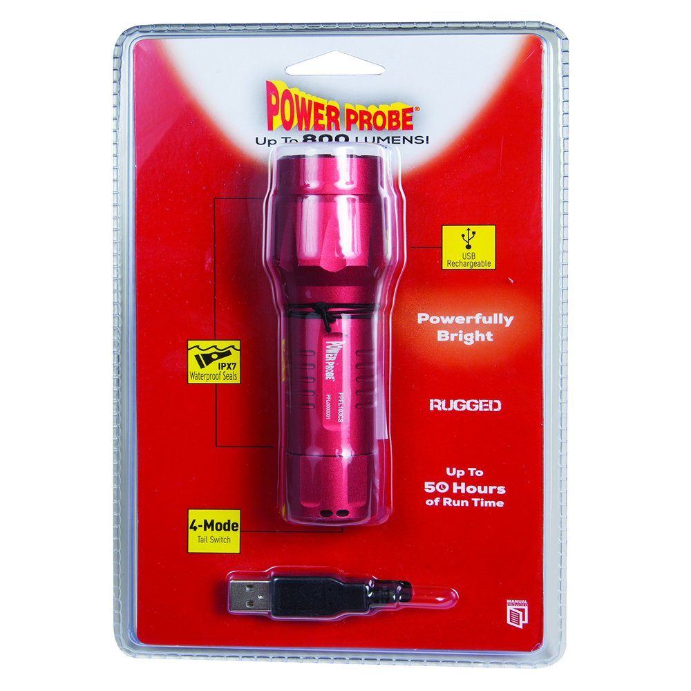 Power Probe Flashlight - Red (PPFL101CS) [Diagnostic Car Test Tool, 800 Lumens LED Bulb, 4 Mode Tail Switch, Waterproof, Heavy Duty Aluminum Housing]