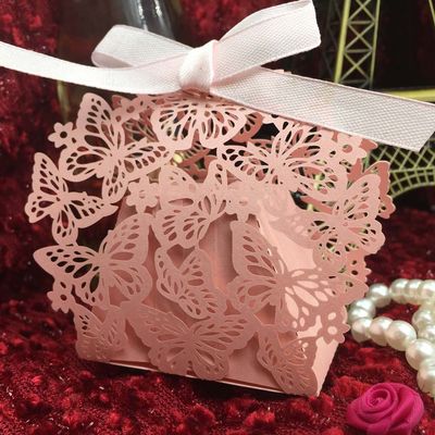 Joinwin Pink 50pcs Romantic Butterfly DIY Candy Cookie Gift Boxes Wedding Party Candy Box with Ribbon Wedding favors Decor