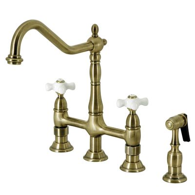 Kingston Brass KS1273PXBS Kitchen Bridge Faucet with Side Sprayer, Antique Brass