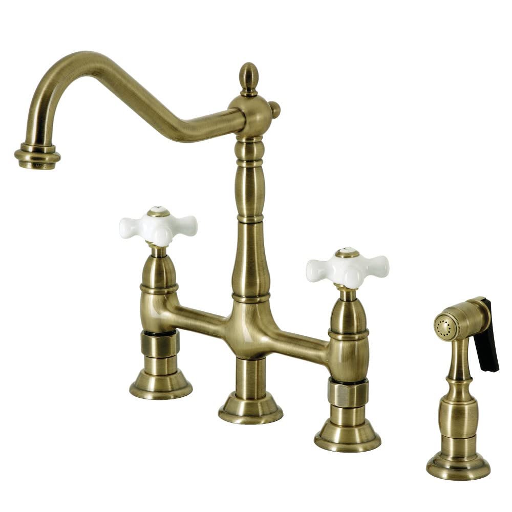 Kingston Brass KS1273PXBS Kitchen Bridge Faucet with Side Sprayer, Antique Brass