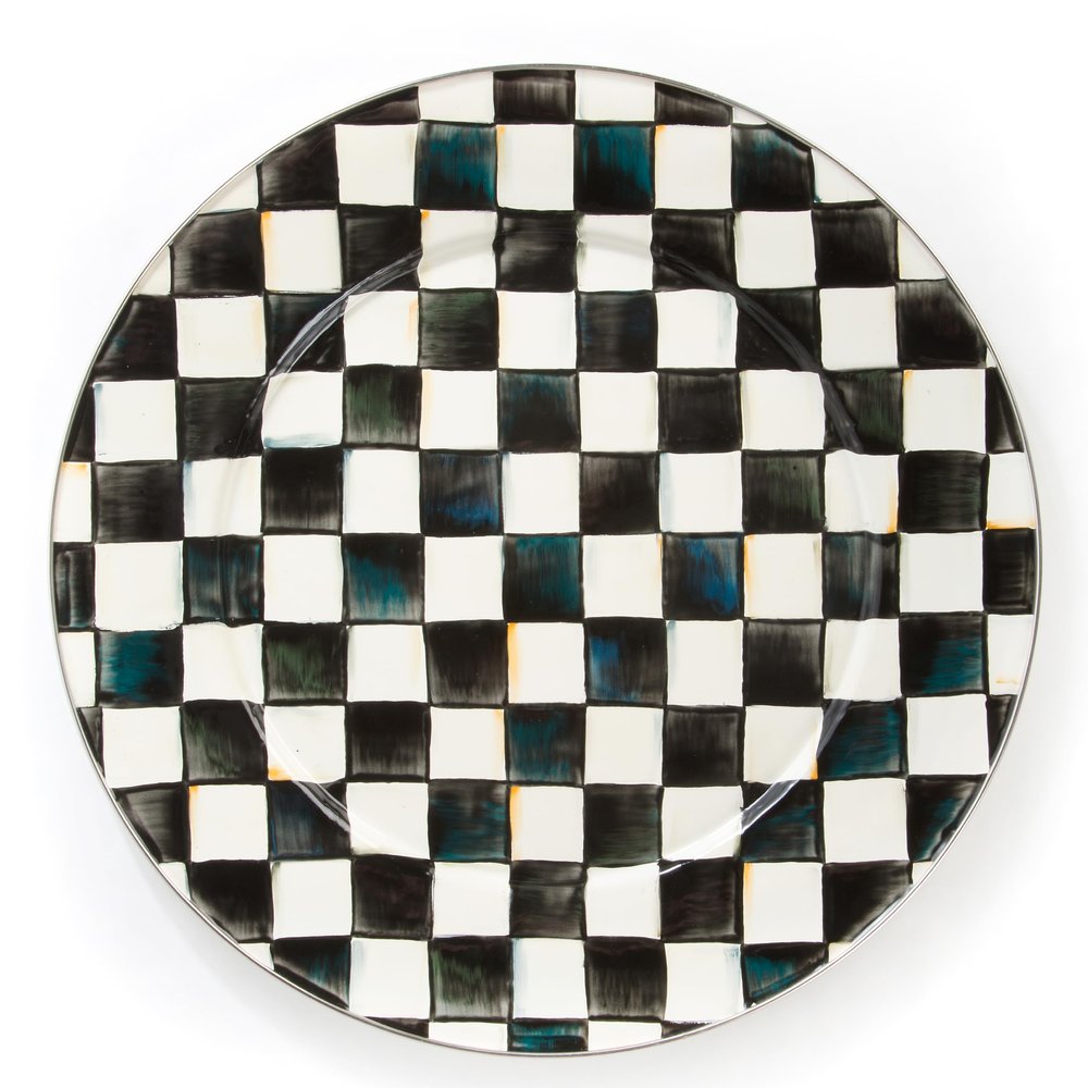MACKENZIE-CHILDS Enamel Serving Platter, Decorative Serving Platter for Food, 16 Inches, Black-and-White Courtly Check