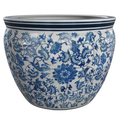 Red Lantern 12" Floral Blue & White Porcelain Fishbowl Planter or Cachepot for Indoor/Outdoor Use in Garden Entryway Living Room Boho Eclectic Modern Contemporary Classic Traditional Style Decor