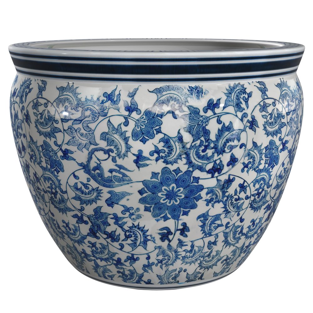 Red Lantern 12" Floral Blue & White Porcelain Fishbowl Planter or Cachepot for Indoor/Outdoor Use in Garden Entryway Living Room Boho Eclectic Modern Contemporary Classic Traditional Style Decor