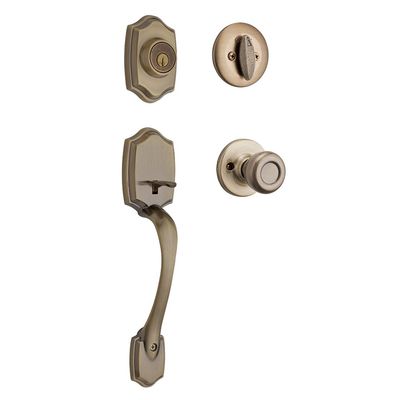 Kwikset Belleview Front Door Lock Handle and Deadbolt Set, Entry Handleset Exterior with Interior Door Knob, Antique Brass, Pick Resistant SmartKey Rekey Deadbolt Security