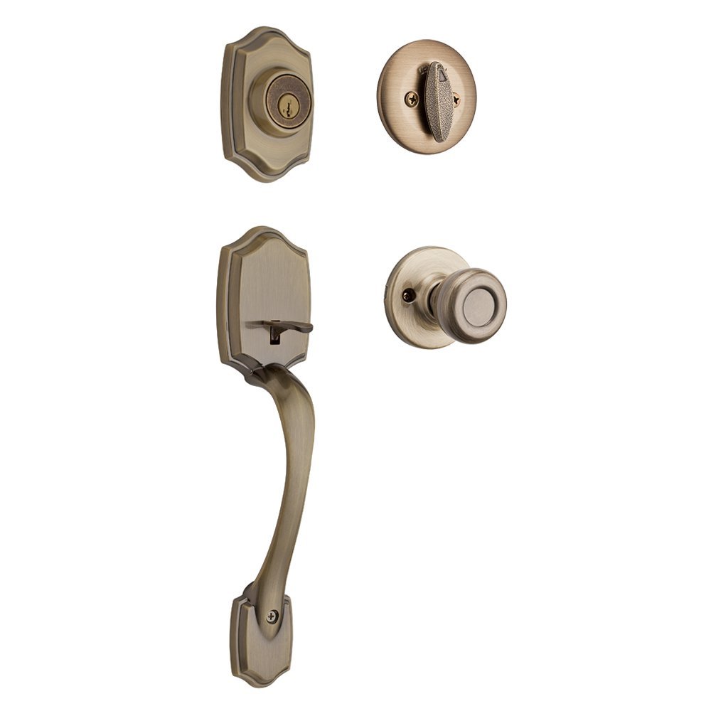 Kwikset Belleview Front Door Lock Handle and Deadbolt Set, Entry Handleset Exterior with Interior Door Knob, Antique Brass, Pick Resistant SmartKey Rekey Deadbolt Security