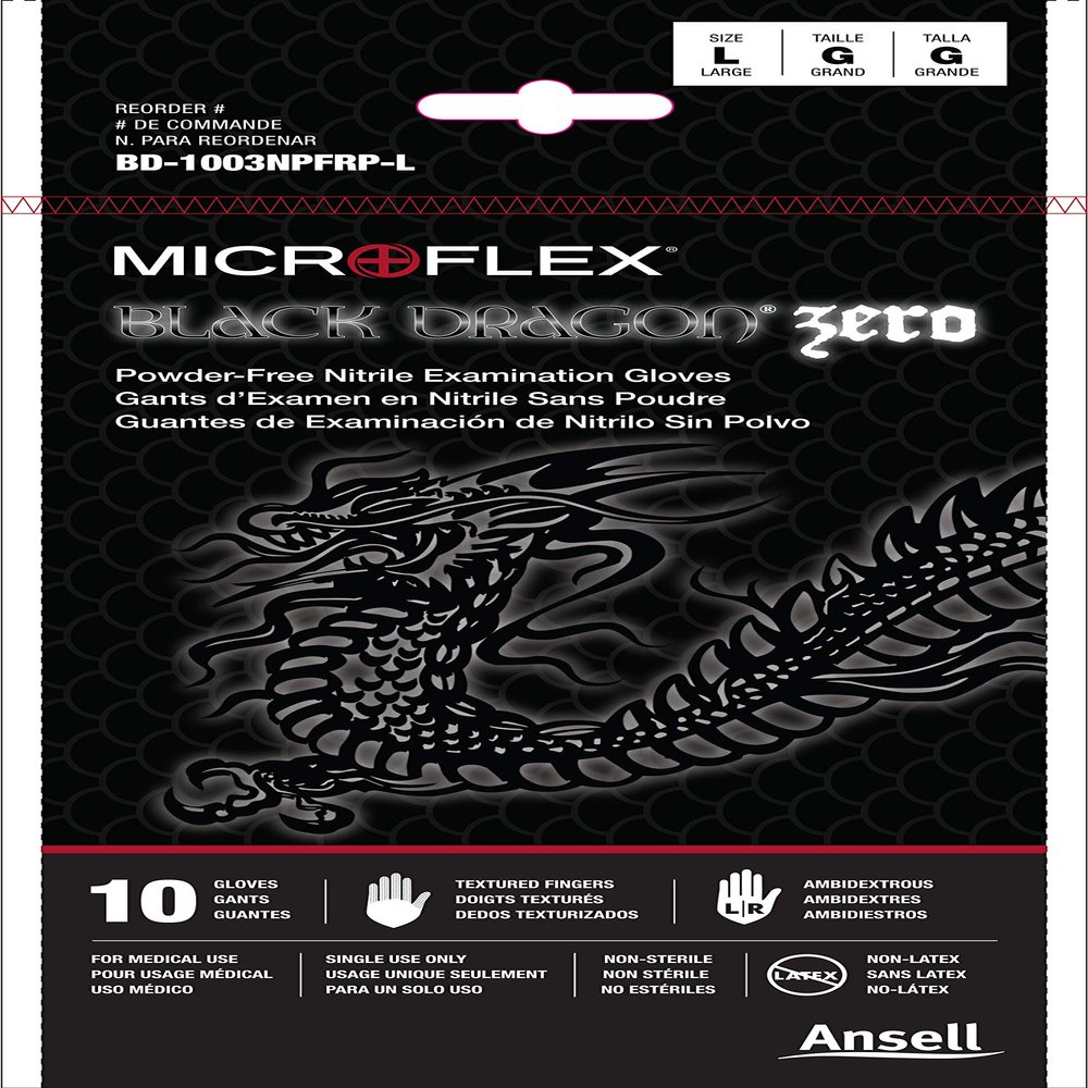 Ansell Microflex Black Dragon Latex Gloves - Disposable, Exam Grade, Black, Size Large (pack of 100)