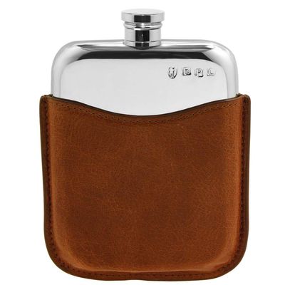 English Pewter Company 6oz Pewter Liquor Hip Flask with Luxury Brown Leather Pouch [PLF01]