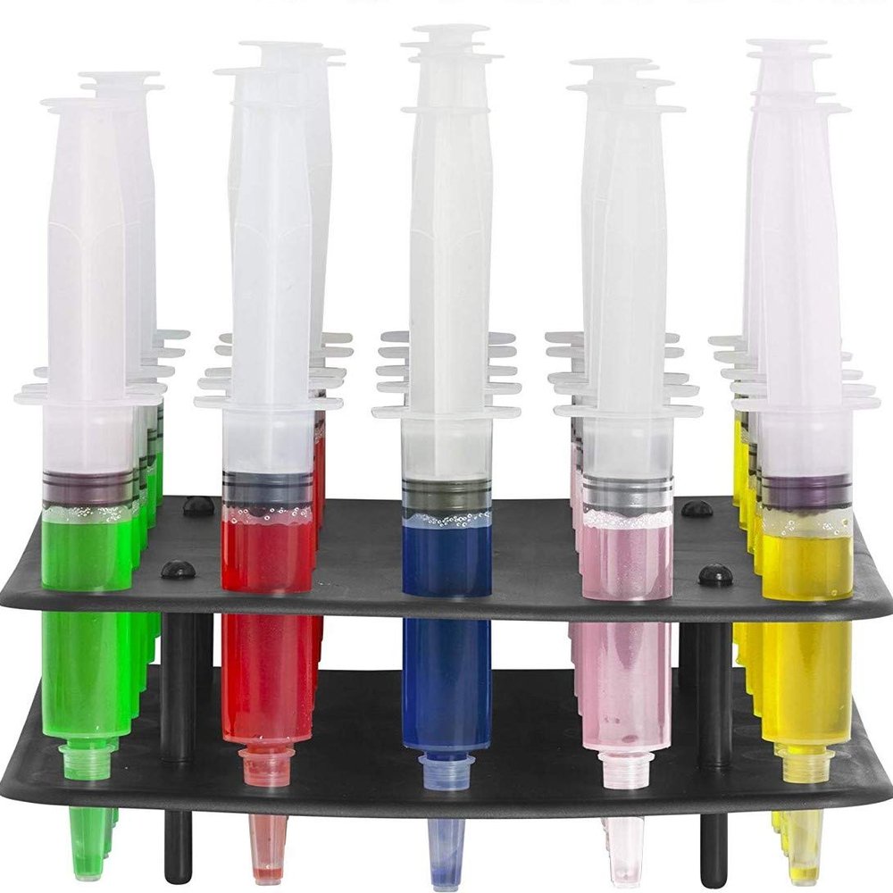 EZ-Inject 25 Pack (1.5oz) Jello Shot Syringes Combo with Tray/Racking Stand - 100% Safe & Reusable Plastic Syringes for Jello Shots - Medium Syringe Shots Holiday & Halloween Party Supplies for Adults