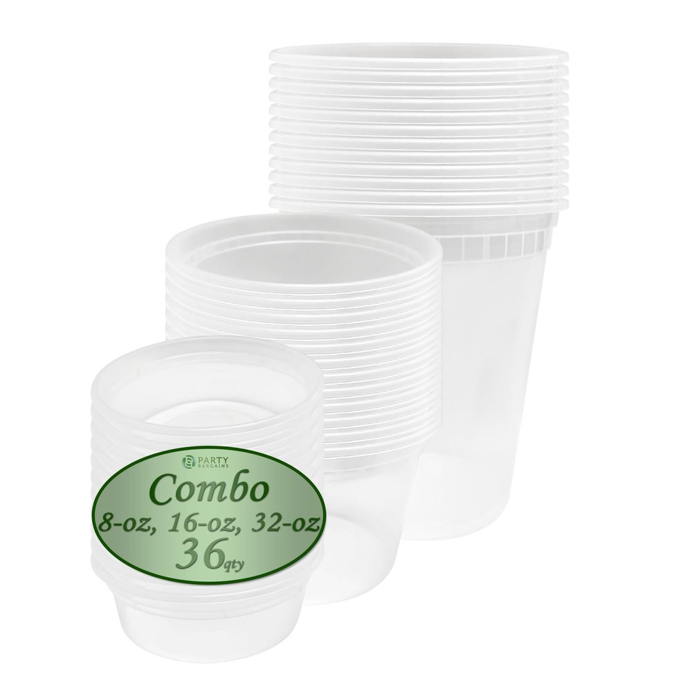 PARTY BARGAINS 36-Pack Food Containers with Lids - 8oz, 16oz, and 32oz Combo Deli Containers for Food, Temperature Resilient, Leak Proof & Reusable
