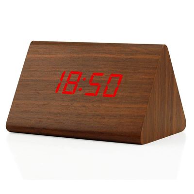 GEARONIC Digital Alarm Clock Wooden Alarm Clock Wood Modern Triangle Alarm Digital Desk Clock, Displays Time Date Temperature Calendar Wood Made Electric Clocks for Bedroom, Bedside - Brown