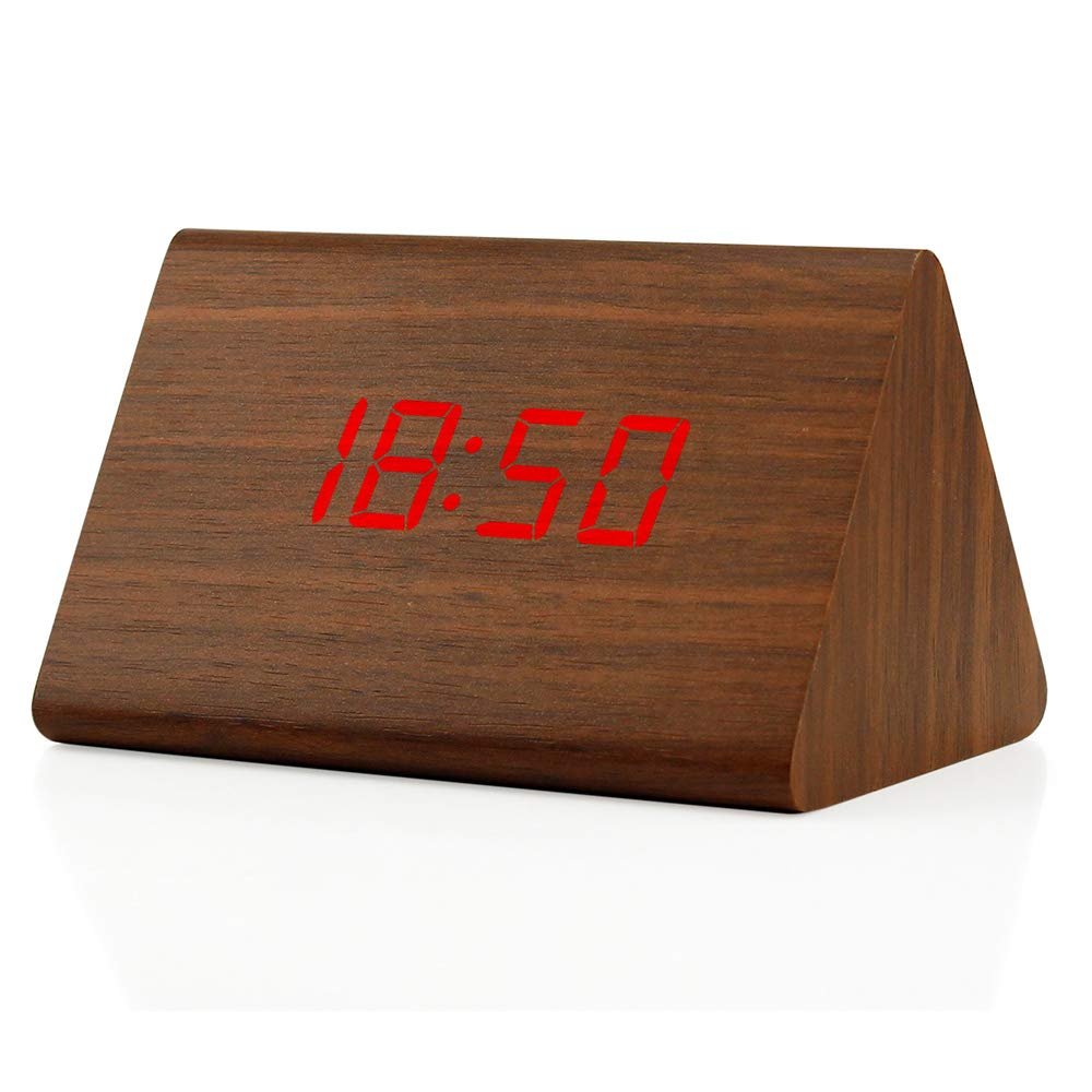 GEARONIC Digital Alarm Clock Wooden Alarm Clock Wood Modern Triangle Alarm Digital Desk Clock, Displays Time Date Temperature Calendar Wood Made Electric Clocks for Bedroom, Bedside - Brown