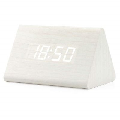 GEARONIC Digital Alarm Clock Wooden Alarm Clock Wood Modern Triangle Alarm Digital Desk Clock, Displays Time Date Temperature Calendar Wood Made Electric Clocks for Bedroom, Bedside - White