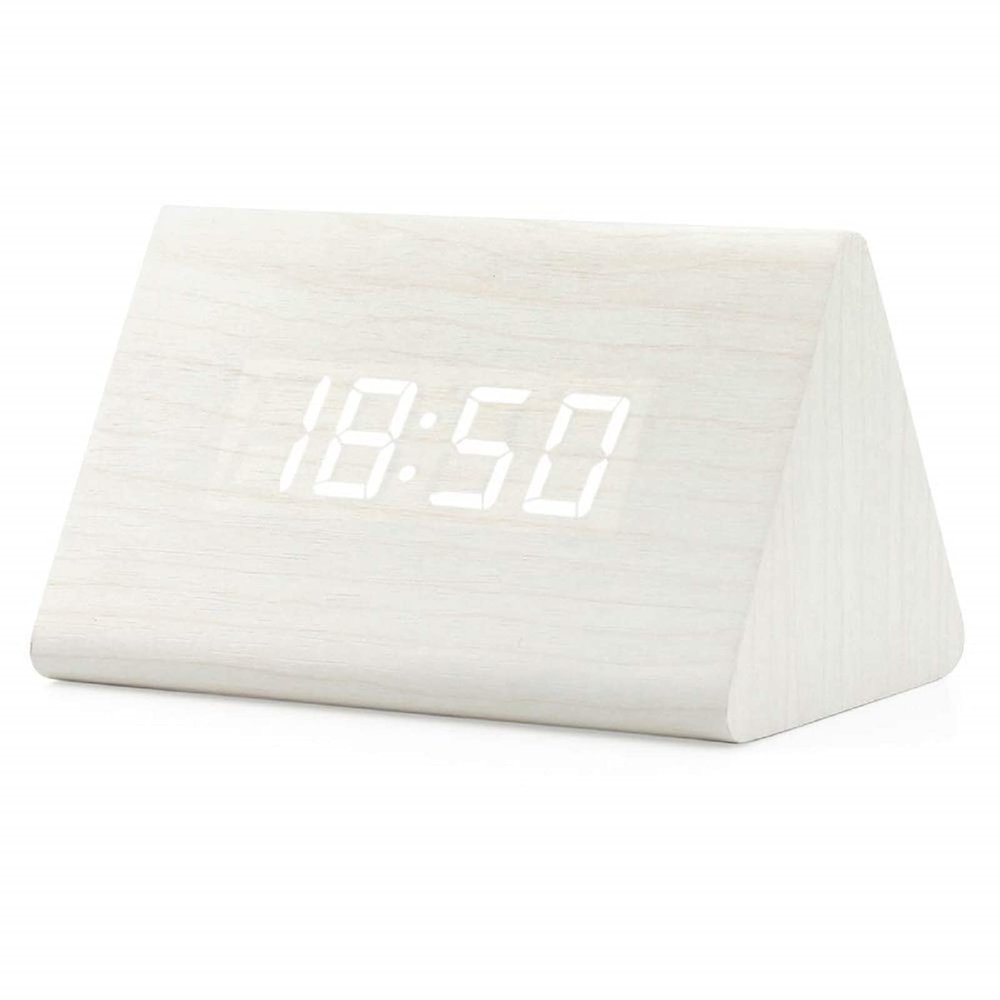 GEARONIC Digital Alarm Clock Wooden Alarm Clock Wood Modern Triangle Alarm Digital Desk Clock, Displays Time Date Temperature Calendar Wood Made Electric Clocks for Bedroom, Bedside - White