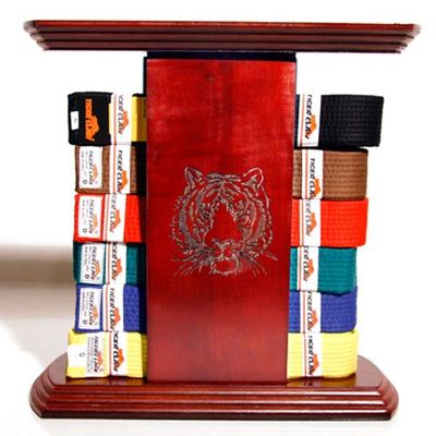 Table-Top Belt Display with Laser-Carved Tiger- Holds 10 Belts
