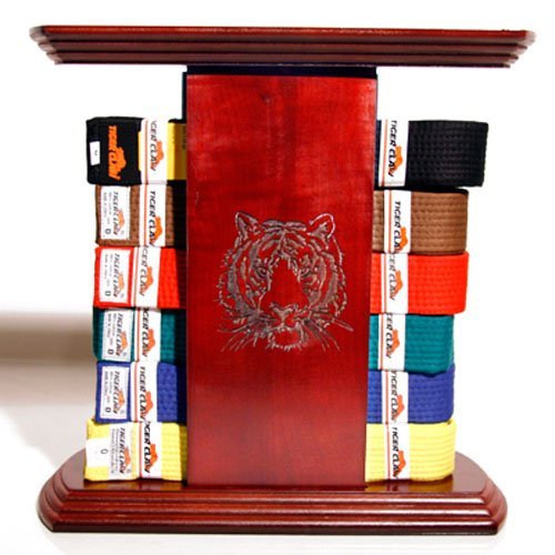 Table-Top Belt Display with Laser-Carved Tiger- Holds 10 Belts