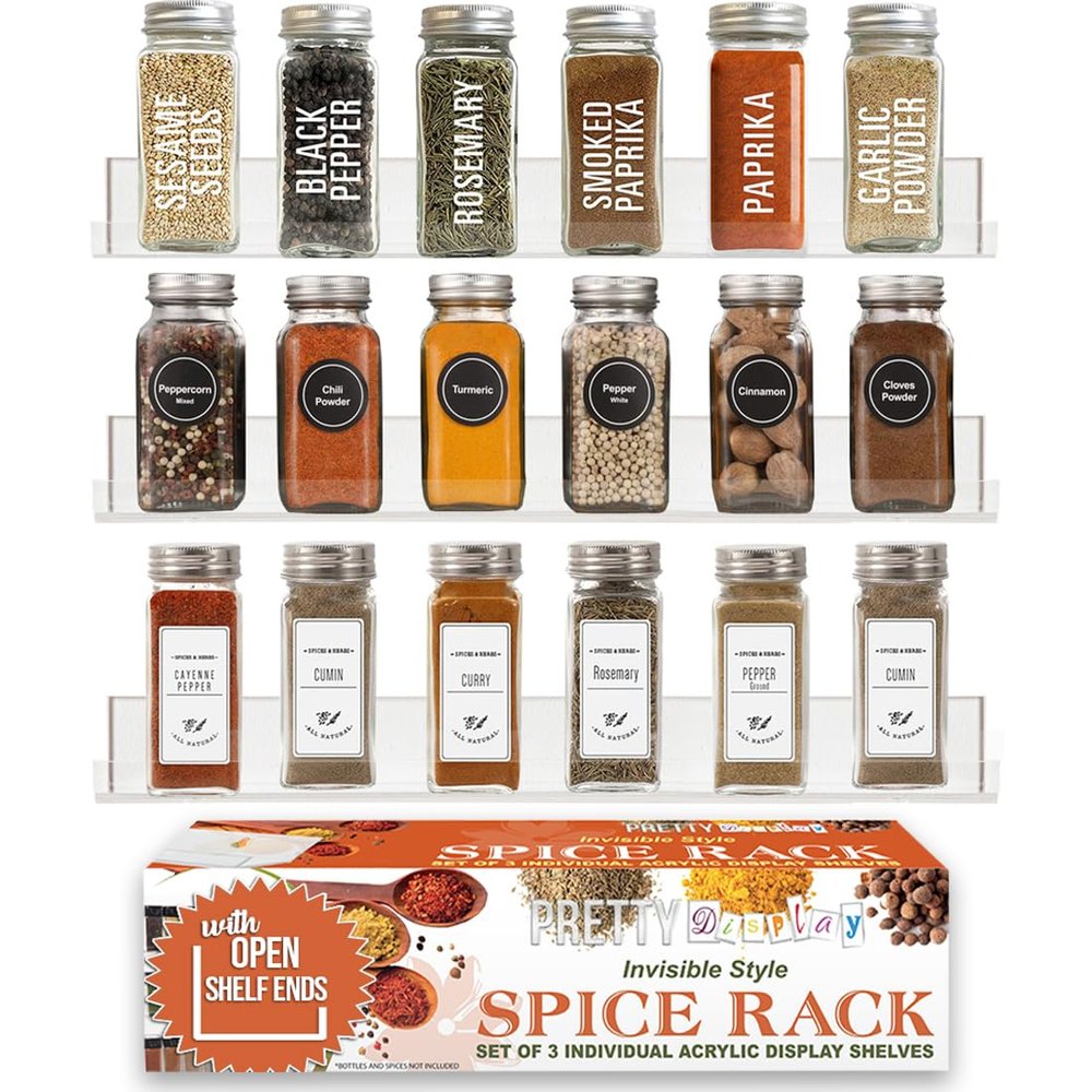 Pretty Display Wall Mounted Spice Rack Shelves [3-Pack] - Clear Acrylic 15" Spice Shelves with Open Shelf Ends