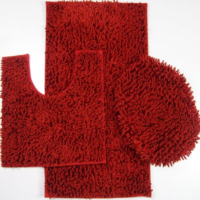 BH Home & Linen 3-Piece Ultra-Soft Shiny Chenille Mixed Microfiber Bath Mats Set. Large Mat 19.5" x 31", Contour Mat 19.5" x 17.5", Lid 20" x 18" (Red)