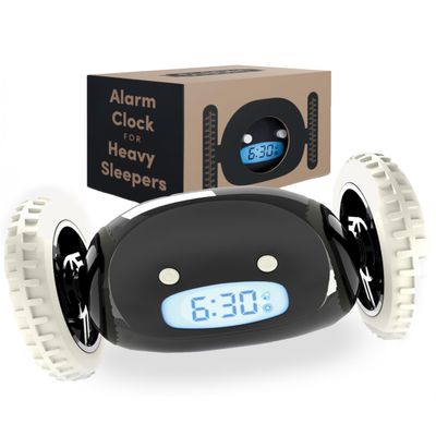 CLOCKY Alarm Clock on Wheels Loud Rolling Alarm Clock for Heavy Sleepers | Runaway Clock That Jumps & Runs to Wake You Up | Funny Unique Gift for Adults, Teens & Kids Bedrooms (Black)