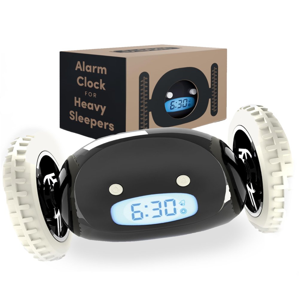 CLOCKY Alarm Clock on Wheels Loud Rolling Alarm Clock for Heavy Sleepers | Runaway Clock That Jumps & Runs to Wake You Up | Funny Unique Gift for Adults, Teens & Kids Bedrooms (Black)